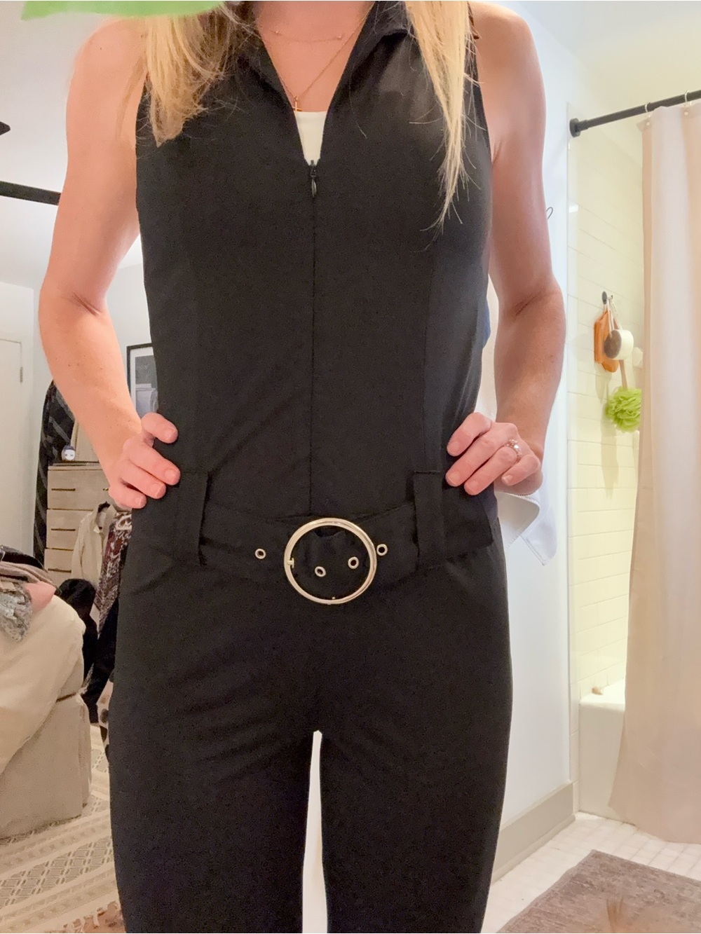 Vintage Black Sleeveless 90s Belted Jumpsuit